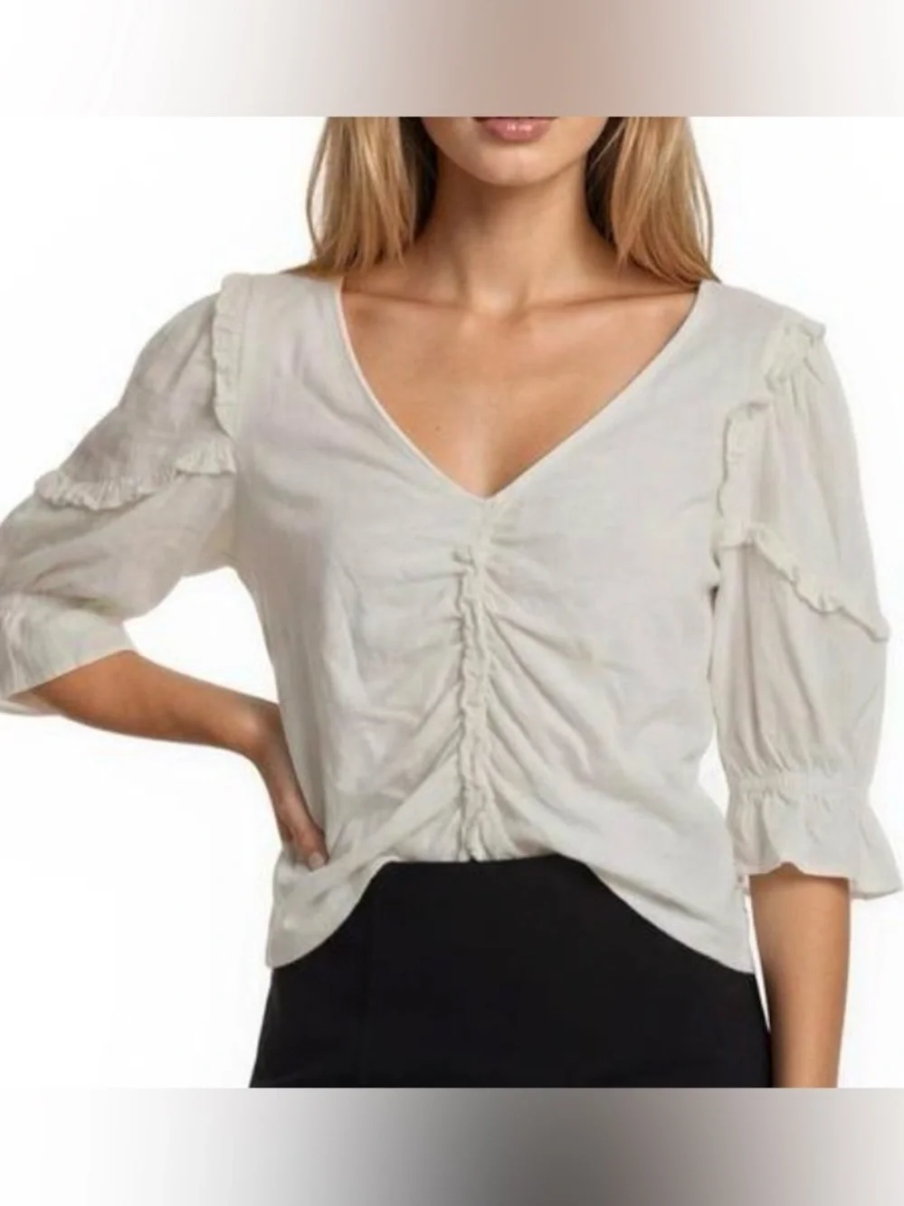 Anthropologie White Ruched V-Neck Puff Sleeve Cotton Blouse Top Size L
